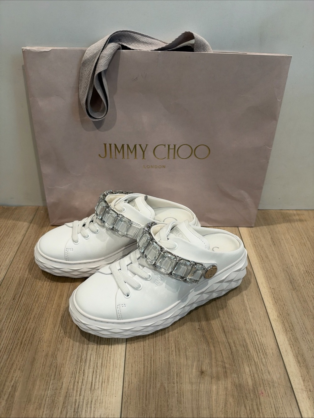 Jimmy Choo White Crystal-Embellished Slip-On Mules